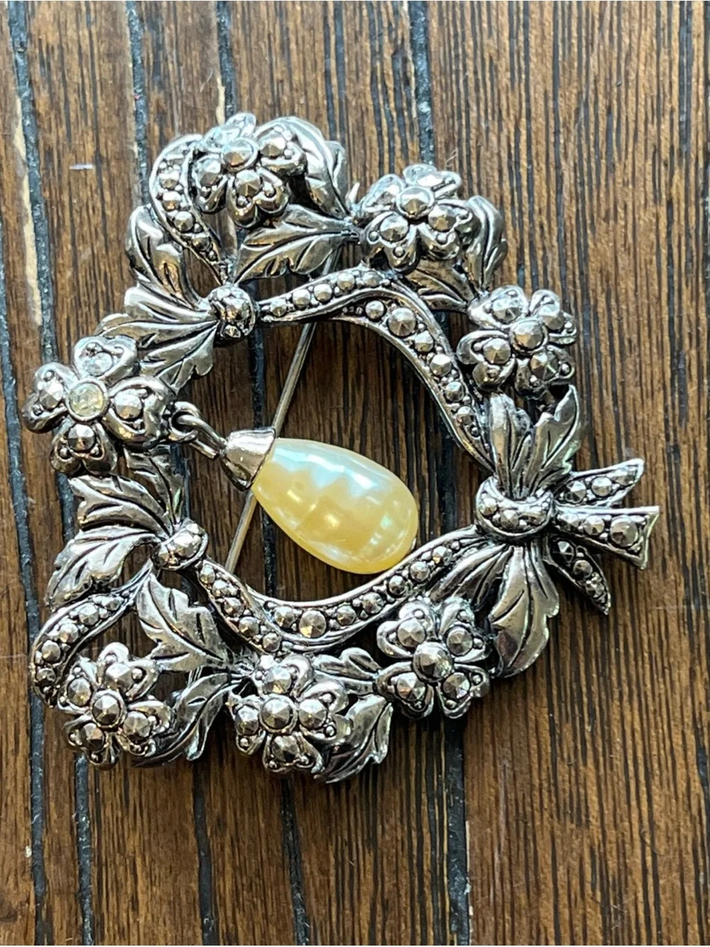 Vintage Floral Heart Brooch with Pearl Drop - Silver Tone